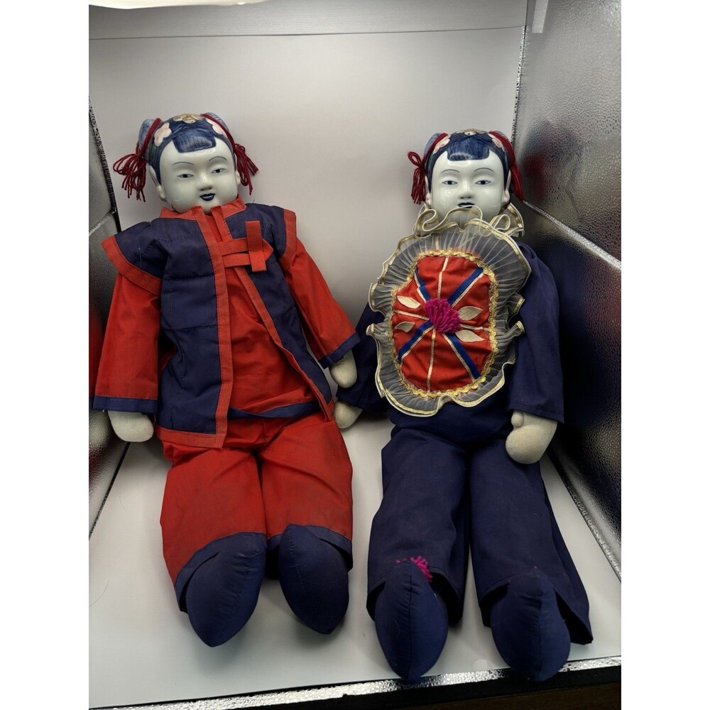 China Dolls-Vintage Set Of 2 -Chinese Porcelain Head Cloth Body Dolls 25”